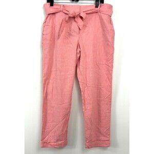 Loft The Devin Slim Women Size 12 Pant Pink High Rise Linen Blend Chino Belted E